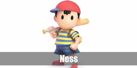  Ness’ costume is a yellow and blue-striped shirt, blue shorts, white crew socks, red sneakers, and a red and blue cap. He also brings along a baseball bat and his backpack.