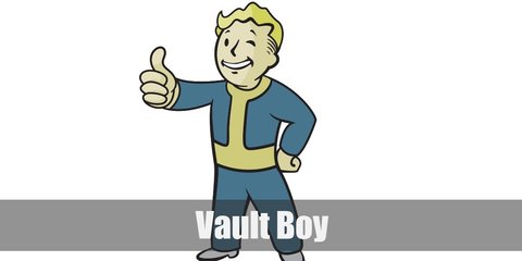 Vault Boy’s costume is blue coveralls painted with yellow fabric paint details, brown boots, and a blond wig.