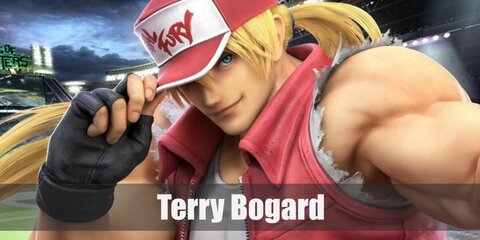 Terry Bogard's costume features a red vest, denim pants, and red sneakers. He also has blonde hair and a red cap.