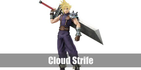 Cloud Strife’s costume is a black sleeveless turtleneck shirt, black pants, a suspender belt, brown combat boots, gauntlets, and plate armor over his left shoulder.