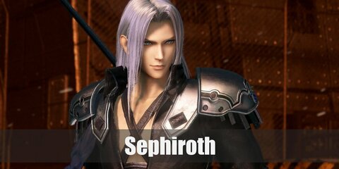 Sephiroth’s costume is a black chest harness, black pants, black knee-high boots, black gloves, a long black coat, white shoulder pads, and a long, silver wig. Sephiroth is the main antagonist in the Final Fantasy franchise.