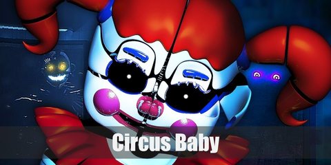  Circus Baby costume is a red frilly dress with a white belt, and red heels. Her red hair is also done up in pigtails. 