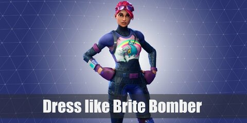 Brite Bomber costume is a purple skin suit with a unicorn picture printed on the front, a purple armband, finger-less purple gloves, a tactical belt, purple sunglasses, and combat boots.