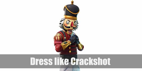 Crackshot costume is a red shirt with long sleeves, white pants, gold arm cuffs, black gloves, a tactical belt, a thigh holster, gold boots, and a shocking-face royal soldier mask.