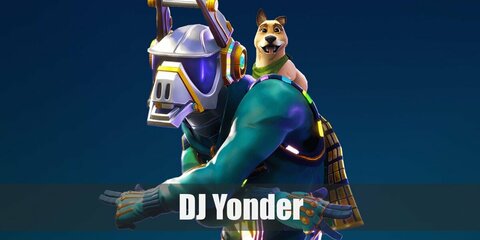 DJ Yonder's futuristic costume consists of a teal jacket and denim pants decorated with multicolor strips of fabric. To recreate his mask,  you can simply cop a silver helmet or mask. 