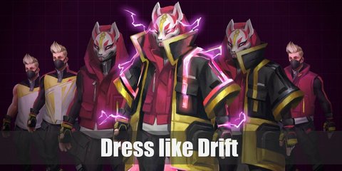 Drift wears a plain black fit shirt with red stripes on sleeves, a red jacket vest, black jogging pants, a dust mask, black gloves, a fox mask, and white & gold sneakers.