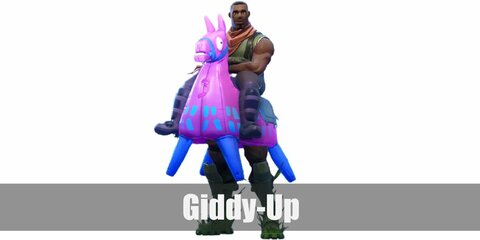  Giddy-Up’s costume is an olive green tank top, black tights, green boots, an orange scarf, and a wearable inflatable llama.