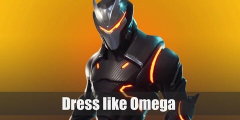 Omega costume is a black skin suit with an upper body armor, a full-head helmet, high black gloves, and black boots. Omega's signature pickaxe is called 'Onslaught.'