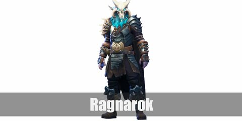  Ragnarok’s costume is leather and metal armor all over his body, a large bronze belt buckle, a skull mask and rope beard both tinted in teal. 