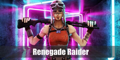 Renegade Raider wears an aviator-inspired outfit and she styles her pilot cap with a tank top, pants, and combat boots. She also has shin guards and gloves with her costume.