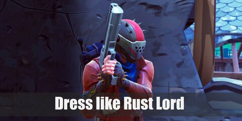 Rust Lord costume is a spiky helmet with a big red stripe, a red leather jacket, a blue scarf around his neck, brown gloves, green cargo pants, a brown leather belt, and brown boots.