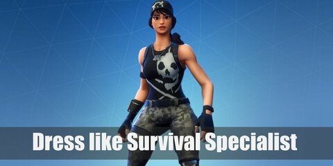 Survival Specialist costume is a skull printed tank top, camouflage pants with a black tactical belt, black combat gloves, a black hat, a dog tag, an armband, a gun holster, a knee pad, and black combat boots.