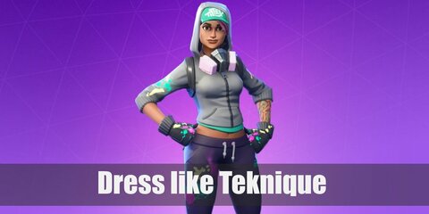 Teknique costume is a teal T-shirt topped with a gray hoodie, a teal cap, a black backpack, black gloves, dark blue sweatpants, and black sneakers. Teknique also has pink hair and a paint mask.