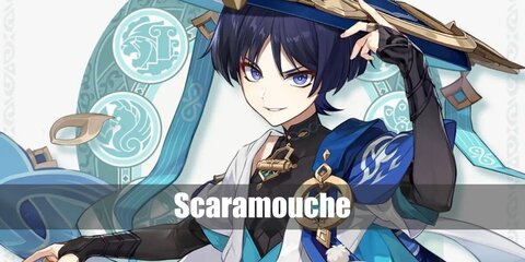 Scaramouche's costume features a turtleneck  outfit layered with a cardigan and loose sleeves. He also styles his costume with a tassel belt, a pair  of shorts, black socks, shin guards.