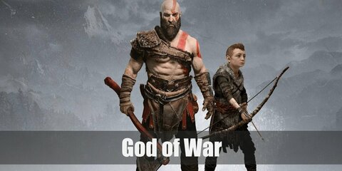 Kratos' costume can be rocked with white and red body paint or make-up. He wears a brown arm harness, fingerless gloves, loin cloth, and boots. He also carries an axe.