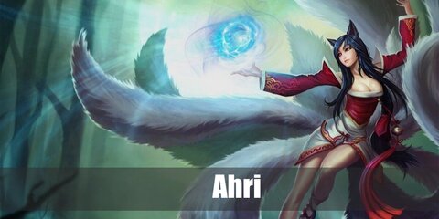  Ahri’s costume is a short red kimono, a short white and gold skirt, long socks with leg armor, red Mary Jane shoes, and black cat ears 