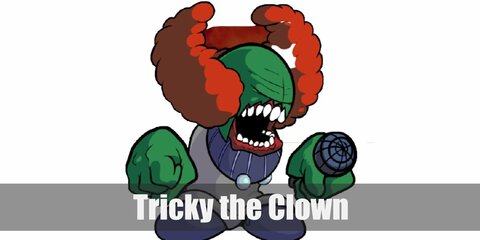  Tricky the Clown’s costume is a dark grey robe, blue boots, a blue neck warmer with grey pom-poms, and a crazy red wig.