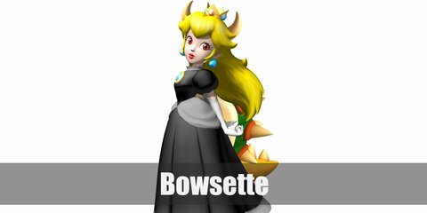 Bowsette's costume features a black top and skirt. She has blonde hair and a Bowsette crown, too.