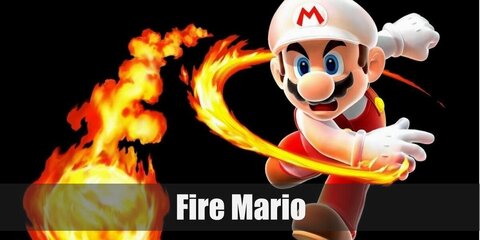 Fire Mario's clothes include his white sweater and gloves topped with a red jumpsuit. He has a white hat and a pair of brown shoes. Complete his costume with a fake mustache.