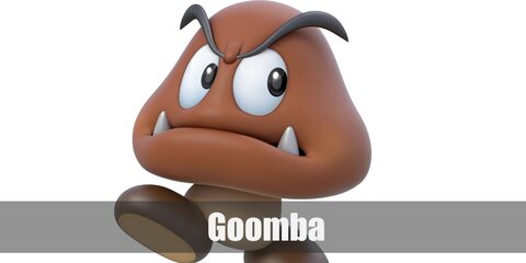  Goomba’s costume is a full body-sized brown fabric cloth, a brown beanie hat, light brown pants, and a pair of brown sneakers.