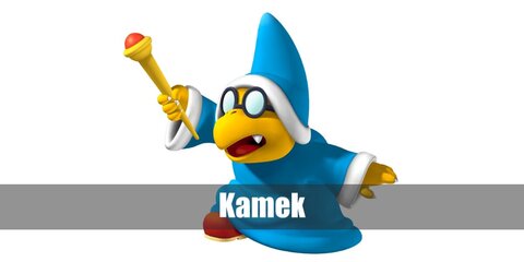 Craft Kamek's look with a special mask or yellow face paint, eyeglasses, a blue robe, yellow gloves, a toy scepter, and red shoes.