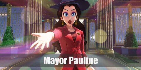 Mayor Pauline's costume comes with a red pantsuit, heels, and gold accessories.