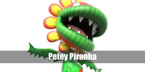Petey Piranha’s costume is a green full bodysuit, a plant pot skirt, a piranha plant mask, yellow petals, and acrylic paint.