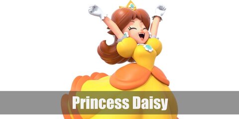  Princess Daisy’s costume is a mixed yellow-orange princess dress, daisy brooch and earrings, a princess crown, white gloves, and red high heels.