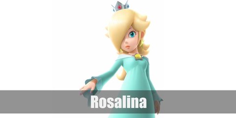  Rosalina’s costume is a long-sleeved mint gown with a silver star in the collar. She also wears yellow star earrings, a silver crown, and mint heels.  