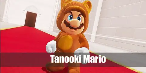 Mario Tanooki’s costume features a brown fuzzy onesie, a fake mustache, and a pair of white gloves.
