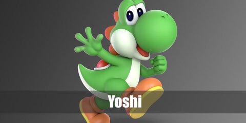 Yoshi’s costume features a turtle-like headpiece, back piece, green onesie, and orange boots.