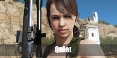 Quiet wears a bikini top, shorts, and ripped tights. Her outfit gets military-inspired touches with her harness, belt, boots, and rifle.