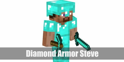 Diamond Armor Steve’s costume is blue-diamond armor from head to toe with a diamond sword and pick. Diamond Steve is the type of Steve in the final part of the game.