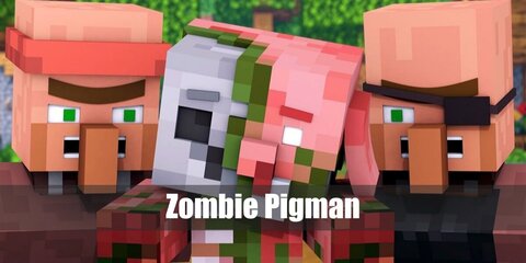  Zombie Pigman’s costume is a long-sleeved pink T-shirt, slim-fit brown pants, pinkish canvas sneakers, and painted cardboard sheets that make up his head, body, arms and legs. 