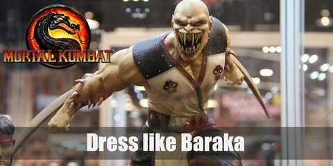 Baraka has a very distinct look that will keep anyone up at night. He has a frighteningly big mouth with multiple fangs. He wears a white tank top lined with red and a pair of black pants. On both his arms, he sports on curving twin blades.