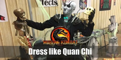  The most powerful sorcerer in the Netherrealm, Quan Chi isn’t satisfied until he gets everything that he wants. His skin tone is entirely white and he likes to go out bare chested. He has on a tilak and red symbols on his forehead and arms and he wears a pair of dark pants with a light blue loincloth in front.  