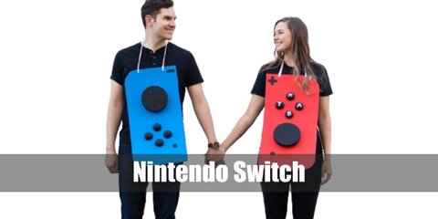 Nintendo Switch’s costume is a short-sleeved black T-shirt, black pants, black sneakers, and painted large cardboard sheets with large black foam buttons.
