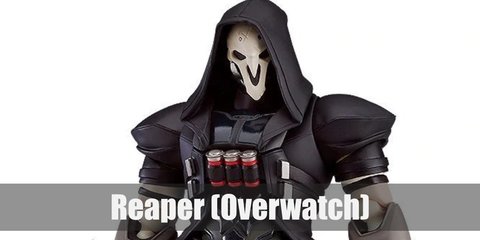  Reaper costume is black armor, cartridge belts, a black hooded robe, and a white reaper mask.  