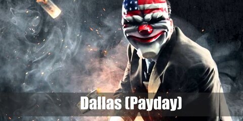 Dallas (Payday 2)’s costume is a long-sleeved white button-down shirt, a two-piece khaki formal suit, slip-on black leather ankle boots, a solid gray tie, gray leather gloves, and an American flag-patterned smiling clown mask.