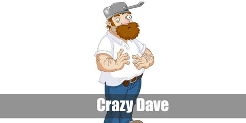 Crazy Dave’s costume is  a white polo shirt, blue jeans, khaki sneakers, a brown belt, and a stainless steel sauce pan on his head.