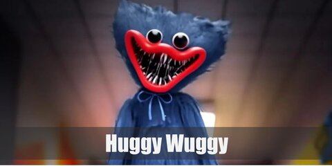 Huggy Wuggy’s costume is a wooly blue onesie, a pair of yellow knit gloves, matching yellow sneakers, and a wide sharp-fanged mouth.'