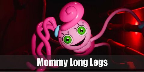 Mommy Long Legs’s costume is a strapless hot pink mini tube dress, hot pink shoes, short hot pink gloves, light blue socks, a light blue choker and bracelets, and a light blue scrunchie tying her long hot pink hair.'