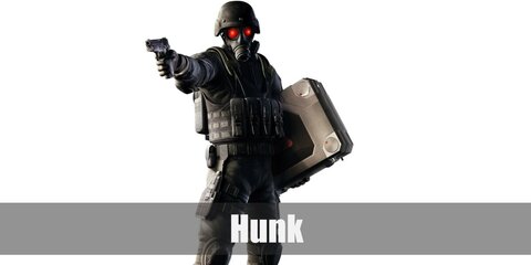 Hunk's costume an all-black military operation look with a gas mask with a red eye piece.