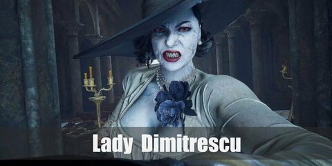 Lady Dimitrescu's outfit is composed of a long white dress, black gloves, a black hat, and a pair of gloves.