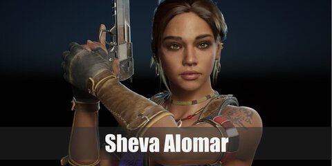 Sheva Alomar's costume has a tank top, pants, boots, and gun holsters. She also carries a gun.
