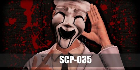  SCP035’s costume is  a SCP035 Greek comedy mask, long-sleeved button down blue shirt, black dress pants, black leather shoes, blue tie, and white professional lab coat with SCP Foundation employee patch.