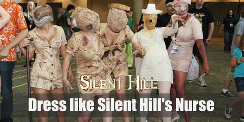 The Silent Hill Nurse costume is a yellowing, bloodied nurse dress, a nurse’s cap, yellowing white heels, and bloody bandages wrapped around her head. 