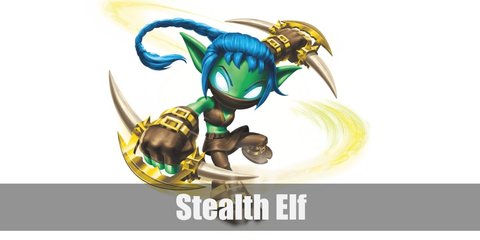 Stealth Elf is an cunning and sneaky elven ninja. She has green skin and blue, braided hair. She wears a black cropped tank top, brown pants, and a face mask. 