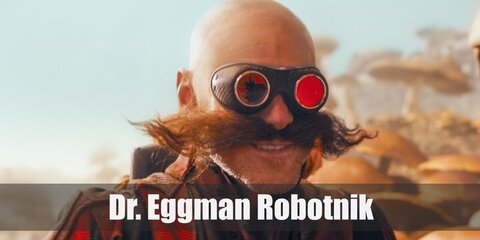  Dr. Eggman Robotnik’s costume is a red coat with two gold buttons on both side of the chest with white straps, black pants, black boots, white gloves, tinted eyeglasses, and goggles. 