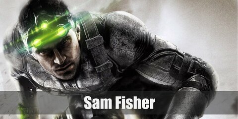 Sam Fisher costume is his camo get-up featuring a long-sleeved shirt with tactical vest, cargo pants, and combat boots. He carries a knife and a gun and has multi-vision goggles on him.